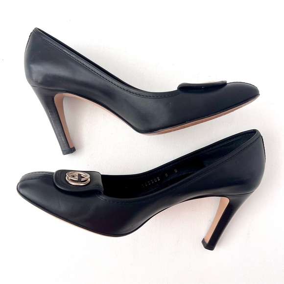 GUCCI | Black Leather GG Interlocking Logo Square Toe Pumps Heels Vintage US 8 - Picture 8 of 14